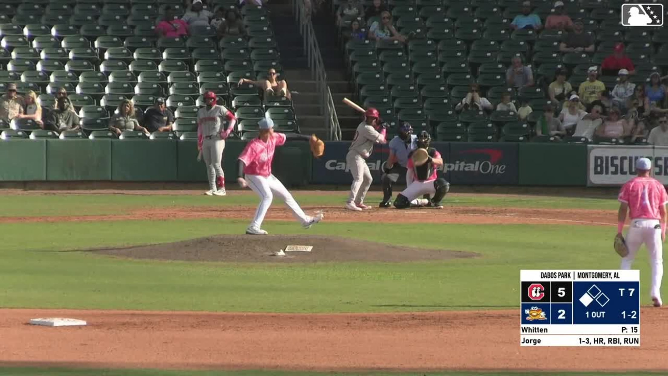 Carlos Jorge singles on a line drive to shortstop Gregory Barrios. Trey Faltine scores.