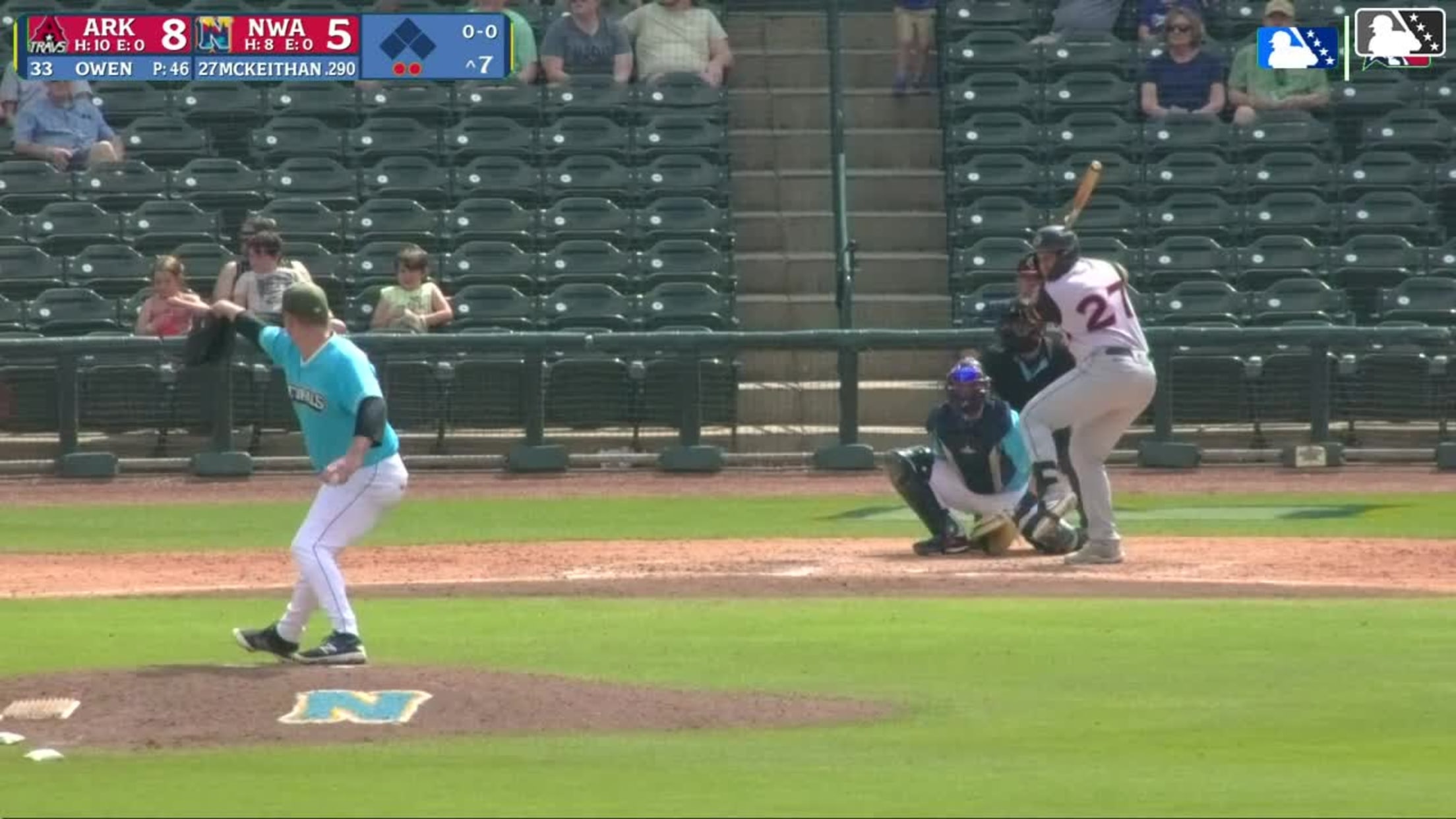 Aaron McKeithan homers (1) on a fly ball to left field.