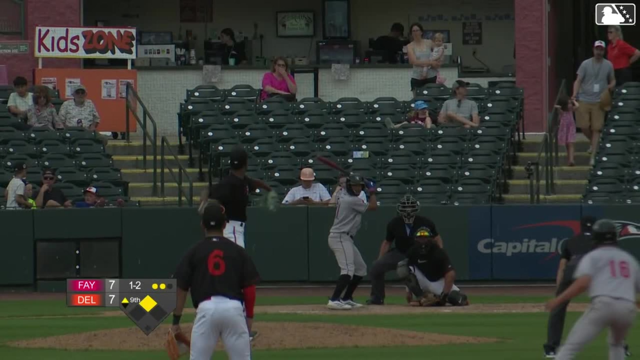 Hector Salas doubles (1) on a ground ball to center fielder Braylon Whitaker. DJ Newman scores.