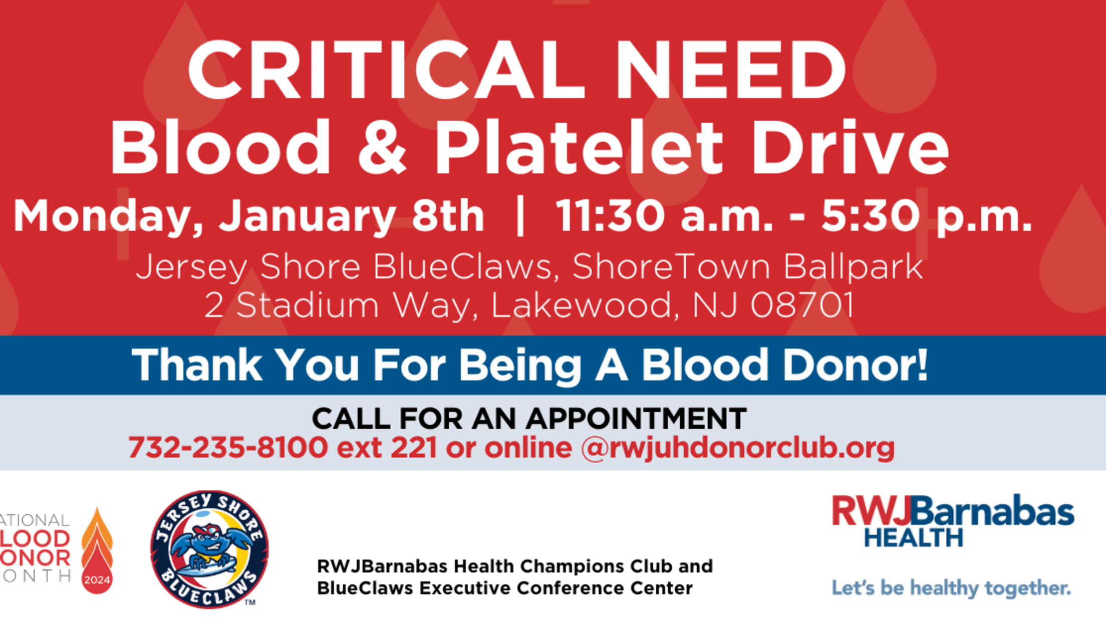 BlueClaws RWJBarnabas Health Blood Drive January 8th | MiLB.com