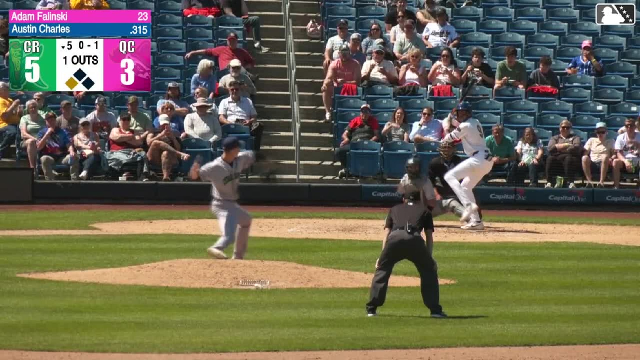 Austin Charles out on a sacrifice fly to center fielder Jacob McCombs. Luke Pelzer scores.