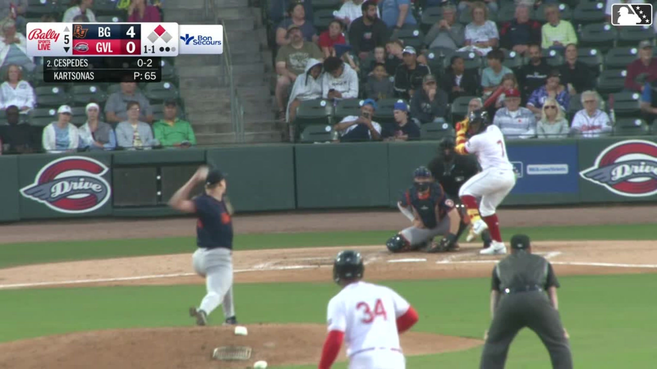 Yoeilin Cespedes singles on a line drive to center fielder Theo Gillen. Justin Gonzales scores.
