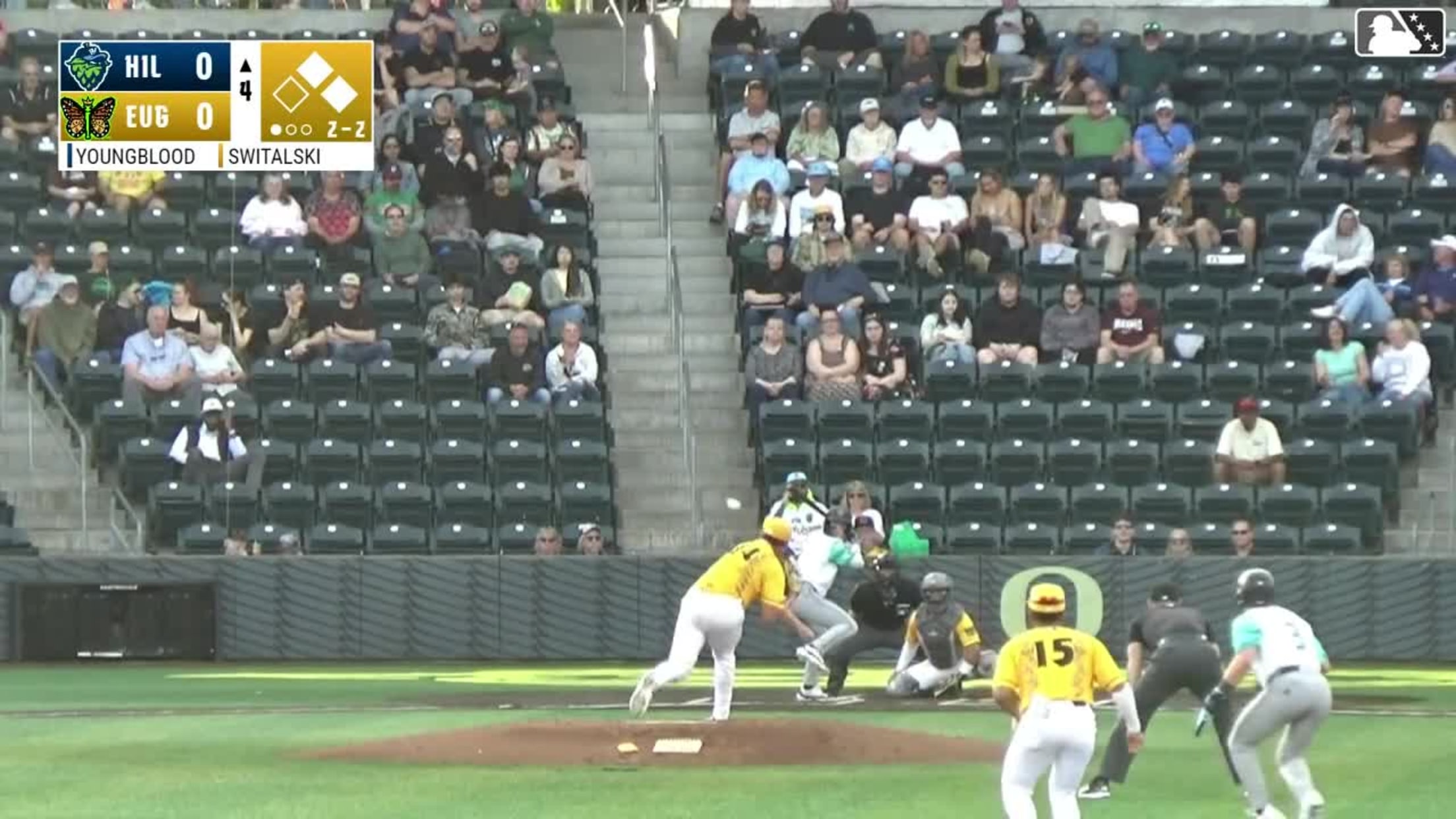 Trent Youngblood singles on a ground ball to right fielder Trevor Cohen. Slade Caldwell scores. Yassel Soler to 2nd.