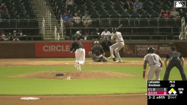 Jordan Groshans doubles (16) on a line drive to center fielder Samuel Zavala. John Gil scores.