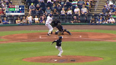 Andy Perez doubles (24) on a line drive to right fielder DJ Gladney. Cole Messina scores.