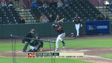 Stiven Martinez doubles (1) on a line drive to left fielder Junior Garcia. Junior Aybar scores.