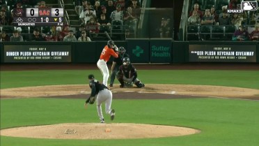 Grant McCray homers (1) on a fly ball to center field.