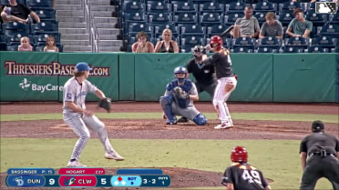 Jonathan Hogart singles on a ground ball to center fielder Jake Cook. Reece Moroney scores.