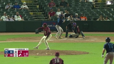 Kenni Gomez singles on a ground ball to center fielder Dylan Dreiling. Cameron Sisneros scores. Max Holy scores.