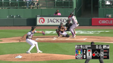 Yasser Mercedes doubles (7) on a line drive to center fielder Carlos Pacheco. Khadim Diaw scores.