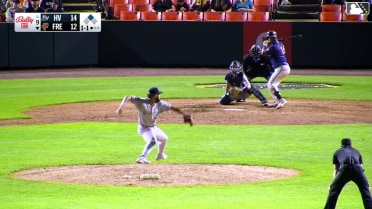 Colin Yeaman singles on a ground ball to center fielder Luis Durango. Vance Honeycutt scores.