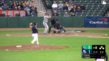 Conner Capel doubles (5) on a fly ball to right fielder Victor Arias. Bryant Betancourt scores.
