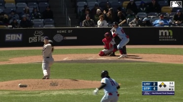 Kyler Fedko doubles (1) on a line drive to left fielder Garrett Stubbs. Orlando Arcia scores.