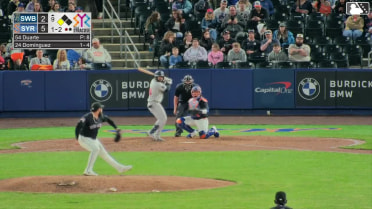Jasson Domínguez singles on a line drive to center fielder Nick Morabito. Braden Shewmake scores.