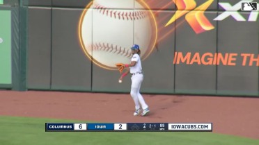 Kevin Alcántara makes a leaping catch at the wall