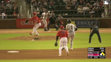 Patrick Clohisy grounds into a double play, pitcher Jake Palisch to shortstop Jordan Sprinkle to first baseman Adam Fogel. Cal Conley out at 2nd. Patrick Clohisy out at 1st.