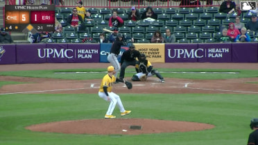 Carter Young singles on a sharp line drive to right fielder Justice Bigbie. Adam Retzbach scores.