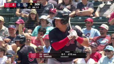 Matt Thaiss doubles (5) on a line drive to left fielder Felix Reyes. Jason Delay scores.