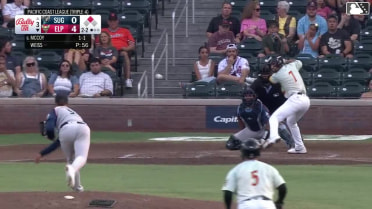 Mason McCoy doubles (9) on a line drive to left fielder Shay Whitcomb. Marcos Castañon scores.