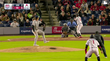 Adrián Sugastey singles on a pop up to catcher Manuel Palencia. Diego Velasquez scores.