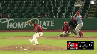 Cade McGee homers (1) on a fly ball to left field.