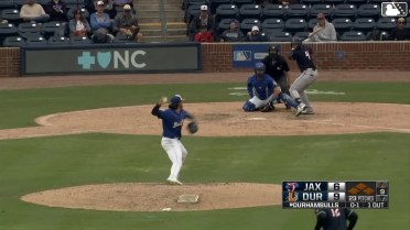 Andrew Pintar out on a sacrifice fly to center fielder Homer Bush Jr. Joe Mack scores.