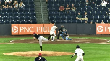 Jasson Domínguez doubles (9) on a line drive to left fielder Brendan Jones. Duke Ellis scores.