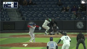Roderick Arias doubles (1) on a line drive to left fielder Elijah Nunez. Eric Genther scores.