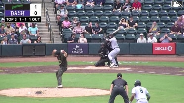 Easton Carmichael singles on a sharp line drive to center fielder Ely Brown. Yordany De Los Santos scores.