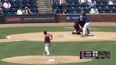 Dom Keegan singles on a ground ball to left fielder Eddys Leonard. Homer Bush Jr. scores.