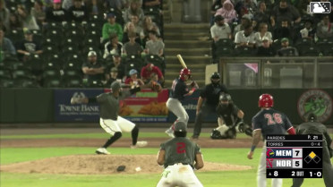 Bryan Torres doubles (5) on a ground ball to first baseman Jhonkensy Noel. Bligh Madris scores.