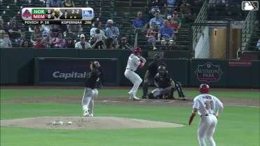 Matt Koperniak doubles (1) on a sharp line drive to center fielder Enrique Bradfield Jr. Jimmy Crooks scores. César Prieto scores.