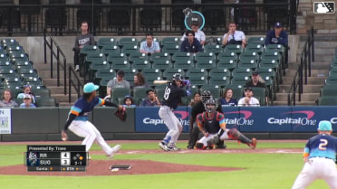 Trevor Hauver doubles (5) on a line drive to center fielder Kellen Strahm. Justin Foscue scores.