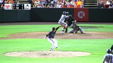 Roderick Arias singles on a ground ball to right fielder Elis Cuevas. Kyle West scores.