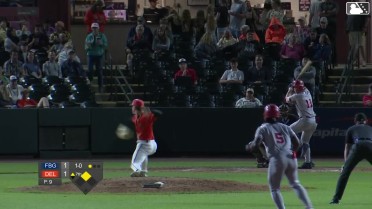 Gavin Fien doubles (3) on a sharp line drive to center fielder Enrique Bradfield Jr. Manuel Cabrera scores.
