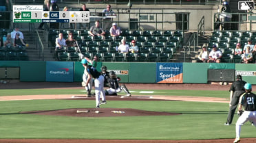 Cooper McMurray out on a sacrifice fly to center fielder Slater de Brun. Caleb Klein scores.