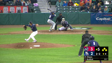 Matt Rudick out on a sacrifice fly to center fielder Jace Bohrofen. Jose Ramos scores.