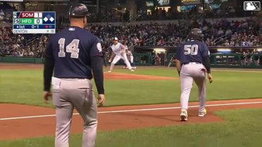 DJ Gladney out on a sacrifice fly to center fielder GJ Hill. Omar Alfonzo scores.