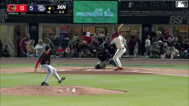 Liover Peguero singles on a ground ball to center fielder Dylan Crews. Pedro León scores.