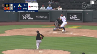 Brett Harris doubles (3) on a line drive to left fielder Nelson Rada. Henry Bolte scores.