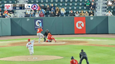 Keiner Delgado doubles (1) on a sharp line drive to center fielder Sam Petersen. P.J. Hilson scores.