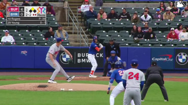 Jared Young singles on a ground ball to center fielder Jonatan Clase. Kevin Parada scores.