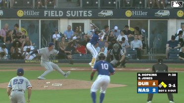 Greg Jones doubles (4) on a sharp line drive to center fielder Homer Bush Jr. Eddys Leonard scores. Ethan Murray to 3rd.