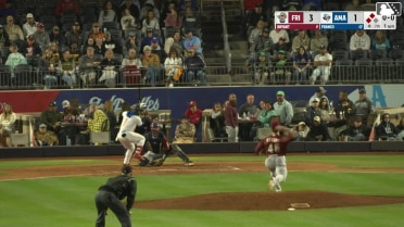 Junior Franco out on a sacrifice fly to center fielder Orlando Martinez. Ben McLaughlin scores.