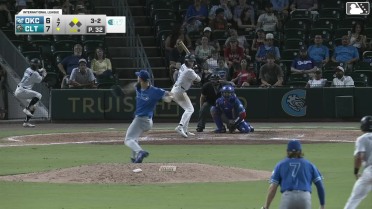 Andy Weber triples (1) on a line drive to left fielder Zach Ehrhard. Dustin Harris scores.