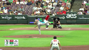 Tyson Lewis homers (1) on a line drive to center field.