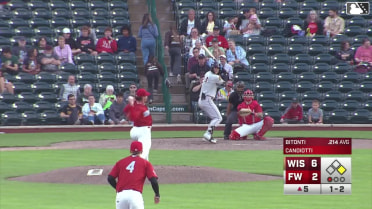 Eric Bitonti singles on a ground ball to right fielder Kavares Tears. Marco Dinges scores. Eric Bitonti to 2nd. Fielding error by right fielder Kavares Tears.