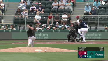 Nick Raposo homers (1) on a fly ball to left field.