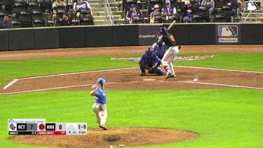 Jordan Nwogu triples (1) on a sharp fly ball to right fielder Matthew Lugo.