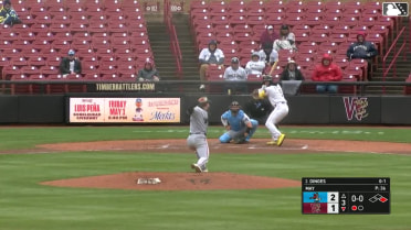 Marco Dinges homers (1) on a fly ball to left center field. Daniel Guilarte scores.